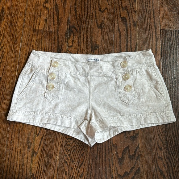 Y2K Express Micro Sailor Buttons Cream Linen Shorts Womens Size 8 Breathable - Picture 2 of 12